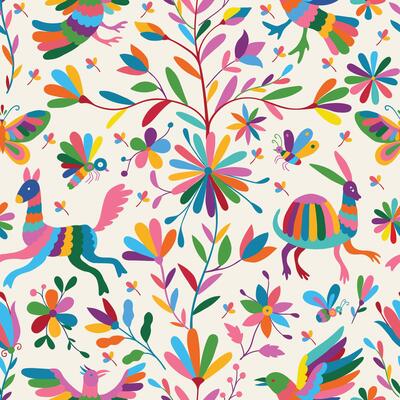 Seamless Mexican Otomi Style Bright Pattern. Seamless pattern with birds and flowers on white background