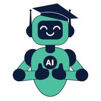 Cute ai robot in graduation cap character shows thumbs up vector