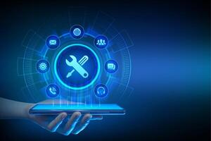 Technical support. Customer help. Tech support application interface on virtual screen. Customer service, Business and technology concept. Smartphone in hand. Using smartphone. vector