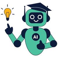 Cute AI robot in a graduation cap pointing at a light bulb vector