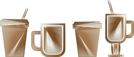 silhouettes of paper coffee cups and glass cups in linear style modern beige drinks mocha mousse, icons, web design vector