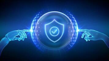 Protection. Cyber security. Network safety. Insurance. Hands of Robot and Human touching Protection shield with Check mark icon inside transparent sphere shield with hexagon pattern. . vector