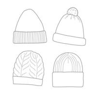Set of four hats in a minimalist style. Various options for knitted hats with ribbed details, braids and pom-poms. Knitting, handmade, hobby. vector