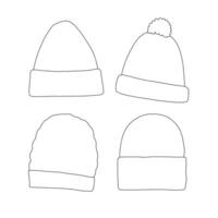set of four winter hats in minimalistic line art style. Different knitted beanie designs with ribbed, cable, and pom-pom details. Perfect for coloring books, prints, fashion sketches vector