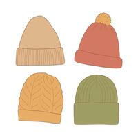 A set of four colored hats in a minimalist style. Various options for knitted hats with ribbed details, braids and pom-poms. Ideal for coloring books, prints, fashion sketches. vector
