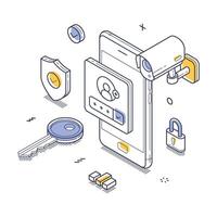 Digital security concept with smartphone, camera, and keys isometric line art illustration vector