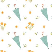 Cute pattern with a folded blue umbrella and spring flowers on a white background vector