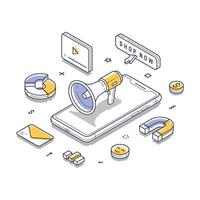 Marketing concepts with smartphone and promotional elements line art isometric illustration vector
