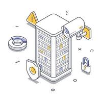Secure data center illustration featuring surveillance equipment and protective elements vector