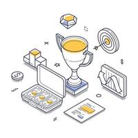 Trophy, money, and target elements representing achievement and success in business line art isometric illustration vector
