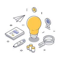 Creative ideas and innovation represented through isometric line art illustration with various symbolic elements vector