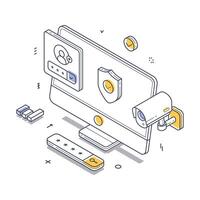 Illustration of a secure digital environment featuring a computer, surveillance camera, and login elements vector