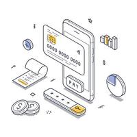 Modern mobile payment system illustrated in isometric line art design showcasing digital transactions and financial technology vector