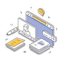Modern online learning tools illustrated in a line art style focusing on digital education resources vector