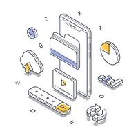Isometric line art illustration of mobile cloud storage with various digital elements and icons vector
