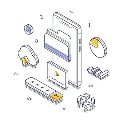 Isometric line art illustration of mobile cloud storage with various digital elements and icons