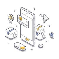 Mobile payment and shopping concept illustrated in line art showcasing modern transactions with smart devices vector
