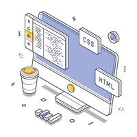 Coding programming with a computer and design elements for web development isometric line art vector