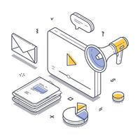 Digital marketing tools and elements in a creative design layout isometric line art vector