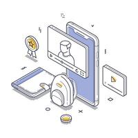 Online education and digital learning tools in a modern setting isometric line art vector