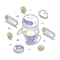 AI chat bot interacting within a digital environment featuring engaging design elements isometric line art vector