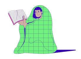 Cozy reader wrapped in blanket with book 2D cartoon character. Quiet lifestyle. Literary escape. Latin american man bookworm isolated person flat on white background. Spot illustration colorful vector