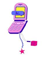 Retro flip phone with charms and text message cartoon flat illustration. Nostalgic mobile 2000s aesthetics. Pop culture. Vintage cellphone 2D object isolated on white background. colorful image vector
