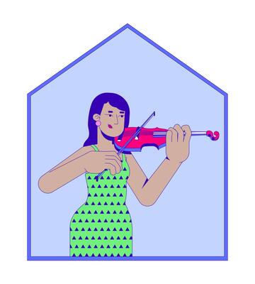 Indian woman playing violin in home 2D cartoon character. Female violinist musical string instrument indoors. Homebody isolated person flat on white background. Spot illustration colorful