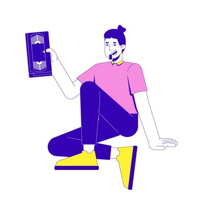 Bearded man sitting casually, holding VHS tape 2D cartoon character. Retro media. Nostalgic movie lover caucasian guy isolated person flat on white background. Spot illustration colorful