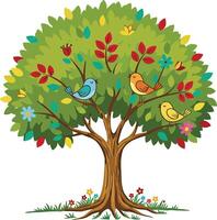 A tree with birds and flowers on it vector