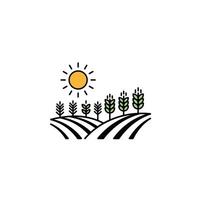 A field with sun and trees in the background vector