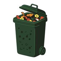 A green trash can full of food and garbage vector