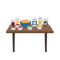 A table with drinks and chips on it vector