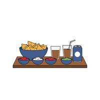 A bowl of chips, salsa and drinks on a table vector