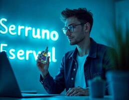 young man in eyeglasses holding bottle of perfume while working on laptop at night. Man Holding Perfume Bottle photo