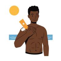 A man is holding a bottle of sunscreen vector