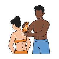 A man and woman are applying sunscreen to each other vector