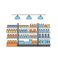 A supermarket shelf with shelves filled with various items vector