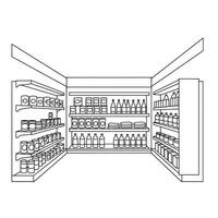 A line drawing of a supermarket aisle with shelves vector