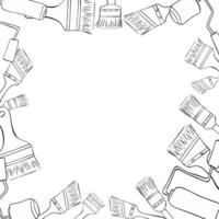 Paint Brushes and rollers square frame template. graphic line ink illustration vector