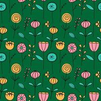 Repeat background with green field of different spring or summer abstract Flowers. Seamless pattern with blooming plants for wrapping, web, print, paper, card. Design for seasons, holiday vector