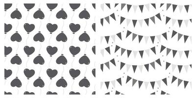 Heart shape balloons on string Triangular pennant garlands on rope Monochrome Seamless Pattern Set 2. Isolated illustration Thematic cards, posting, blog or web promo, banner, labels, price tag vector