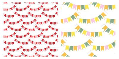 Monochrome red and Multicolored pale Pennant garlands Seamless Patterns. Festive background idea Set. Isolated illustration Thematic cards, posting, blog or web promo, banners, price tag, label vector