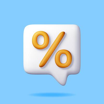 3D speech bubble with percent symbol. Render comment with percentage sign. Discount announcement, sale notification. Promotion shopping symbol. Offer, price tag, coupon