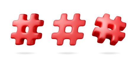 3d red realistic hashtag symbol isolated on white. Render hash tag icon for social media. Chat message, communication, ad, search and online community. vector