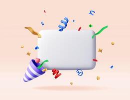 3d speech bubble with confetti and firecracker. Render chat cloud with colorful confetti explosion. Geometric shapes with message for party, holiday, celebrations and birthday vector