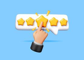 3D Colorful star shaped speech bubble and hand. Render chat balloon with five rating stars. Notification shape mockup. Communication, web, social network media, app button vector