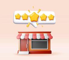 3D store building with five star rating symbol isolated. Render online shopping service feedback. Shop or other business rating, feedback, survey, quality and review. vector