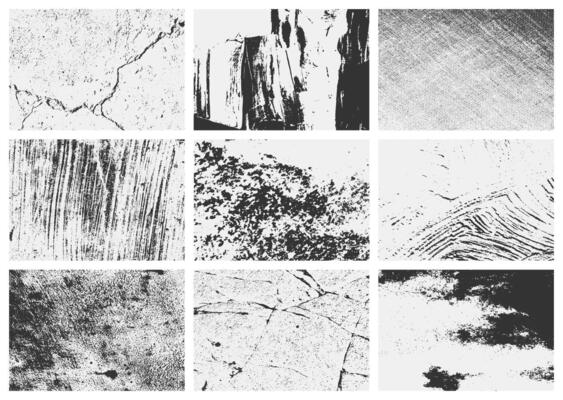 a set Collection of overlay textures set with grunge style, featuring distressed grain, scratches, and old damage. Ideal for adding a rugged, vintage touch
