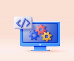 3d code icon and gear cogwheel in computer. Render computer software language symbol on desktop pc. Computer programming language. vector